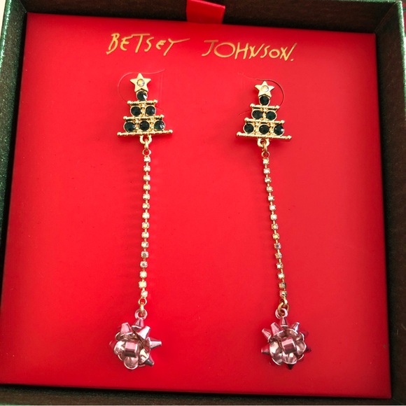 Betsey Johnson Gold Tone Christmas Tree, Cup Chain & Bow Drop Earrings NIB - Picture 2 of 12